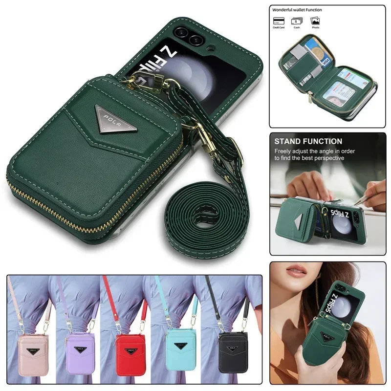 

Длинный кожаный ремешок на молнии, чехол для телефона с картой для Z Flip 6 5 4 3 Flip6 Flip5 Flip4 Flip3 Crossbody Purse Cover Funda