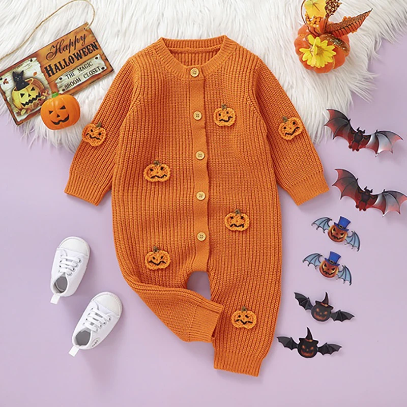 

Halloween Baby Knitted Romper 0-18 Months Unisex Orange Long Sleeve Long Leg Jumpsuit with Pumpkin Patches