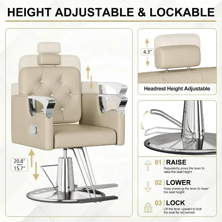 Barber Chair Reclining, Salon Chairs for Hair Stylist, Height Adjustable Salon Styling Chair, Heavy Duty Barber Chairs, 360 Swi - view 6