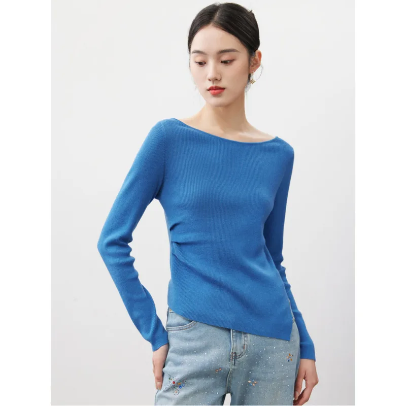 

Slash Neck Side Waist Ruched Wool Sweater Spring Slim Long Sleeve Basic Knitted Tops