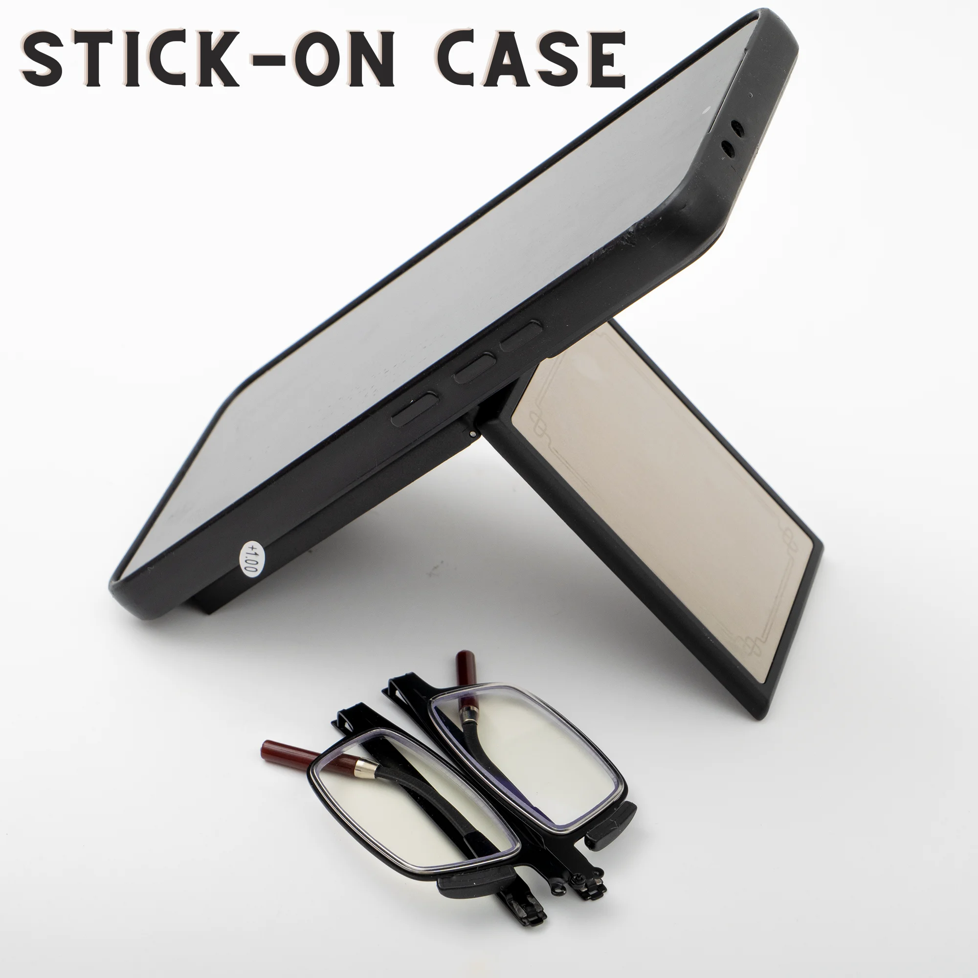 نظارات قراءة محمولة قابلة للطي يمكن ربطها في الجزء الخلفي من الهاتف كحامل هاتف، نظارات قراءة من الفولاذ المقاوم للصدأ بتصميم بسيط، +100 إلى +400، للجنسين