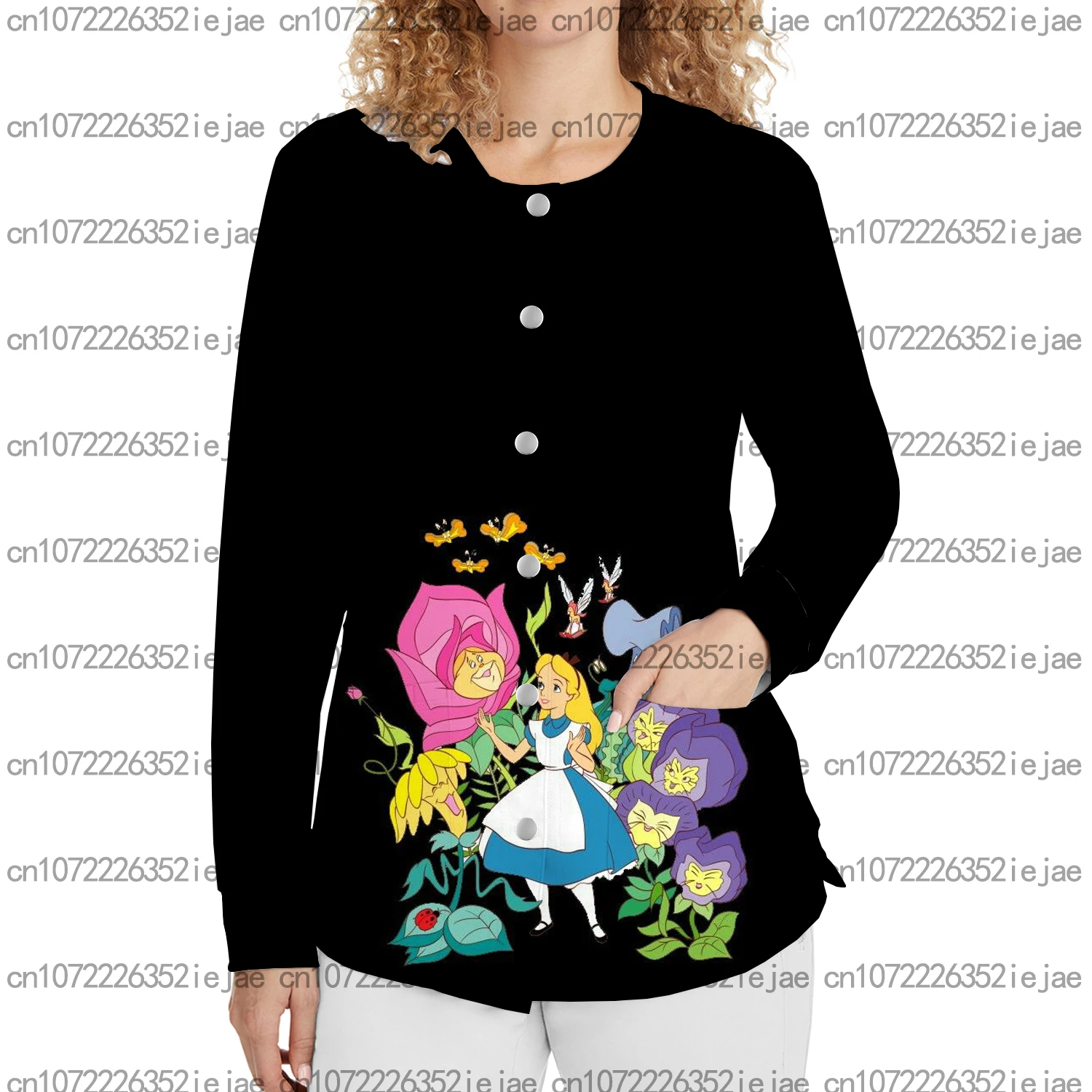 الخريف المرأة ركاب الملابس ديزني طباعة الأميرة أليس المرأة جولة الرقبة زر سترة سترة طبية ممرضة أعلى