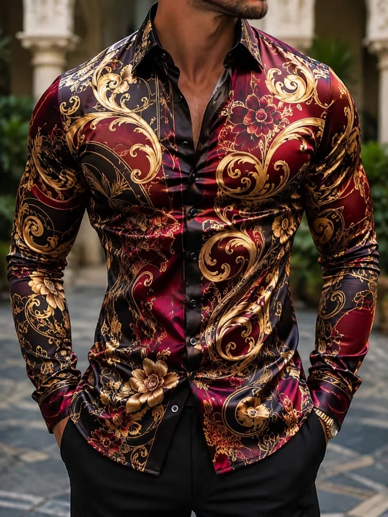 New wine red black color blocked gilded Baroque floral 3D printed shirt for men slim fit long sleeved shirt