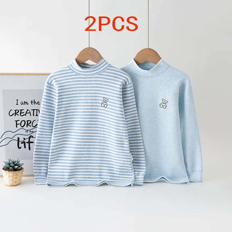 2PCS Autumn Winter Warm Boys'Clothes Unisex Underwear Children's Pajamas Lycra Cotton Long Sleeve Bottom Shirt Top Middle Neck