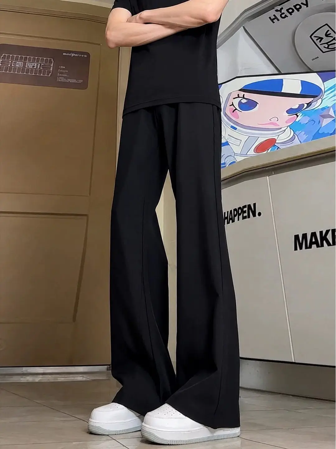Black Ice Silk Men's Slim Fit Trousers Casual Straight Leg Pants Draping Thin Design Summer Wear Comfortable Breathable