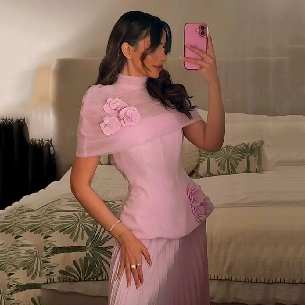 Galarity Rosa Plissee Chiffon Partykleid Jacke Korsett 3D Blume Elegante lange Abendkleider für besondere Anlässe Maßgeschneidert