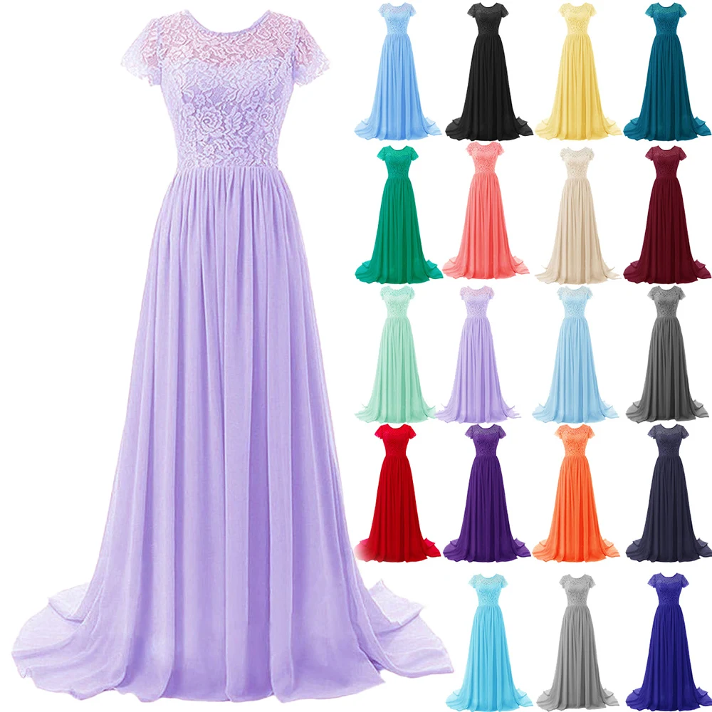 A Line Chiffon Short Sleeve Elegant Strapless Bridesmaid Dresses Wedding Party Formal Prom Evening Sweep Train Lace Up Back