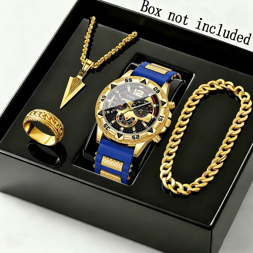 4pcs/set Luxury Men Watch & Men's jewelry set - Men's Necklace, Bracelet, Ring, Men'S Quartz Watches | Sports Watch for Men
