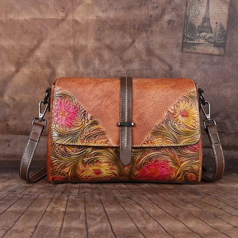 Women Fashion Quality Genuine Leather Unique Embossing Vintage Flower Aristocratic style Flap Handbag Shoulder Bag Crossbody Bag