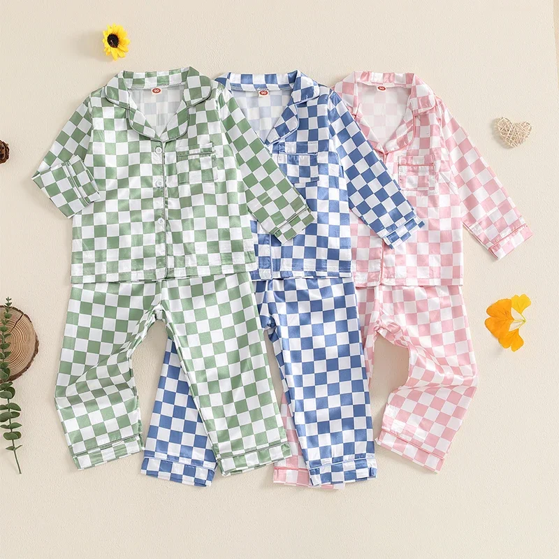 

2024-06-04 Lioraitiin Little Girls Pajama Set Long Sleeve Lapel Neck Button-up Tops Elastic Waist Checkerboard Pants Loungewear