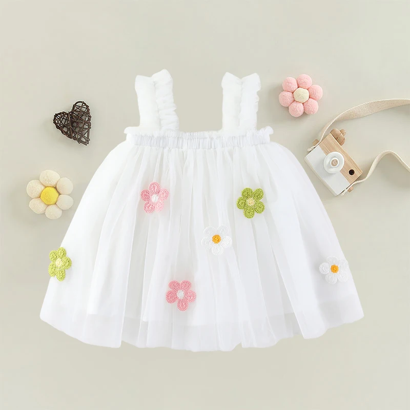 6M-5Y Toddler Baby Girls Summer Sling Dress Sleeveless Flower Embroidery A- line Tulle Princess Dress Kids Birthday Party Dress