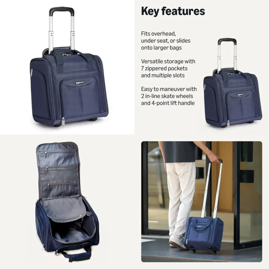 

Underseat Carry-On Luggage with Wheels and Handle, 14" Rolling Travel Bag, Fits Overhead Bins, Organized Compartments