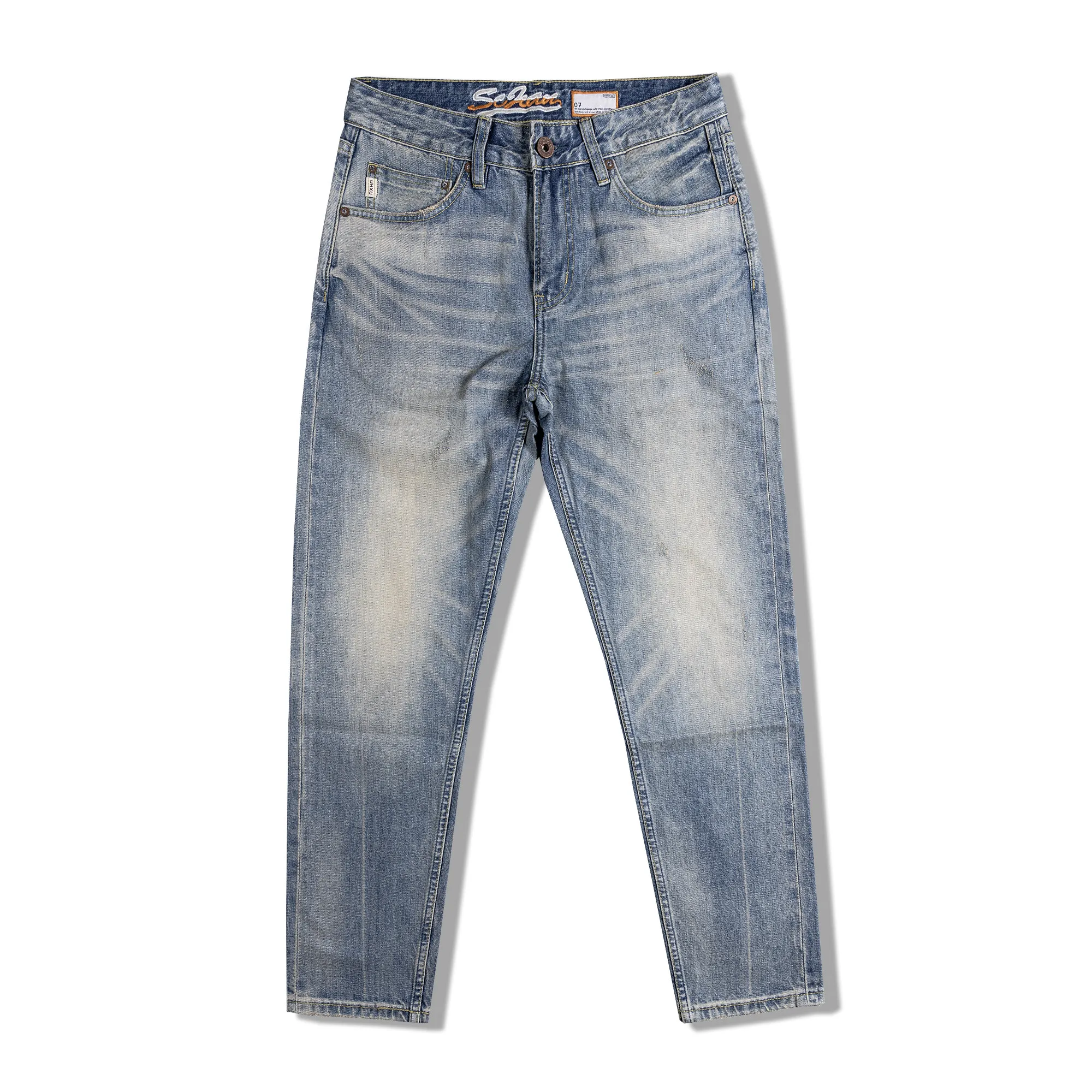 

Men's Mid-Rise Heavyweight Amekaji 15OZ Selvedge Denim Pants American Vintage Washed Classic Slim Fit Tapered Straight-Leg Jeans