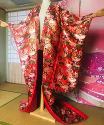 Japanese Kimono Women Red Robe Spring Jacquard Dress Big Sleeve Wedding