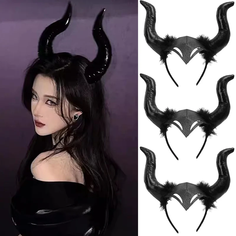 

New Women Halloween Long Demon Ox Horn Headband Evil Queen Glitter Hair Hoop Cosplay Costume Magic Witch Headpiece Accessory