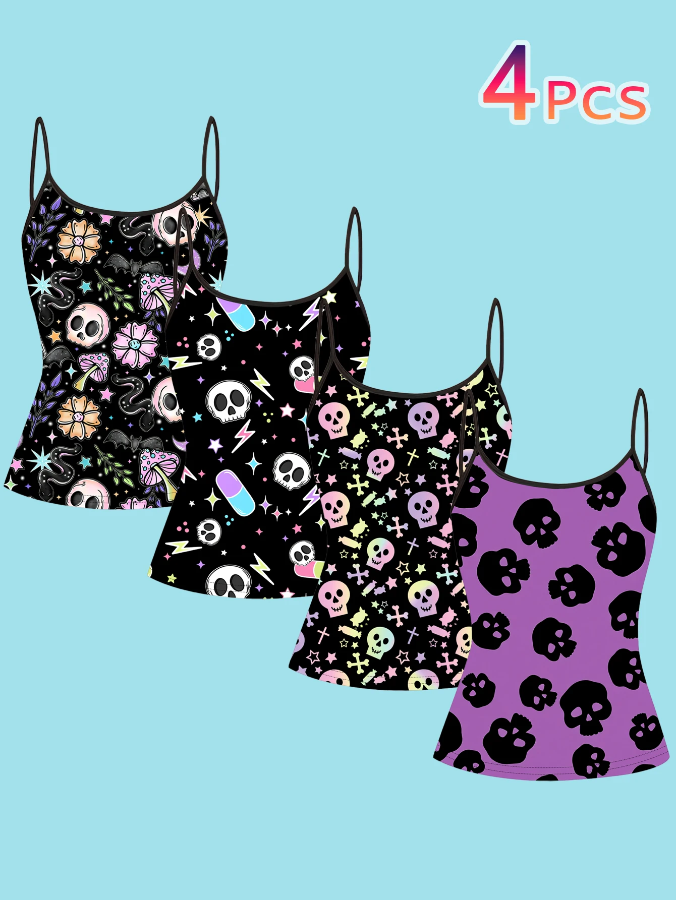 4-Piece Set of Sweet and Cool Colorful Skull Print Camisoles for Women Y2K Cartoon Mushroom Bat Star Pill Slim-Fit Spaghetti Strap Tops