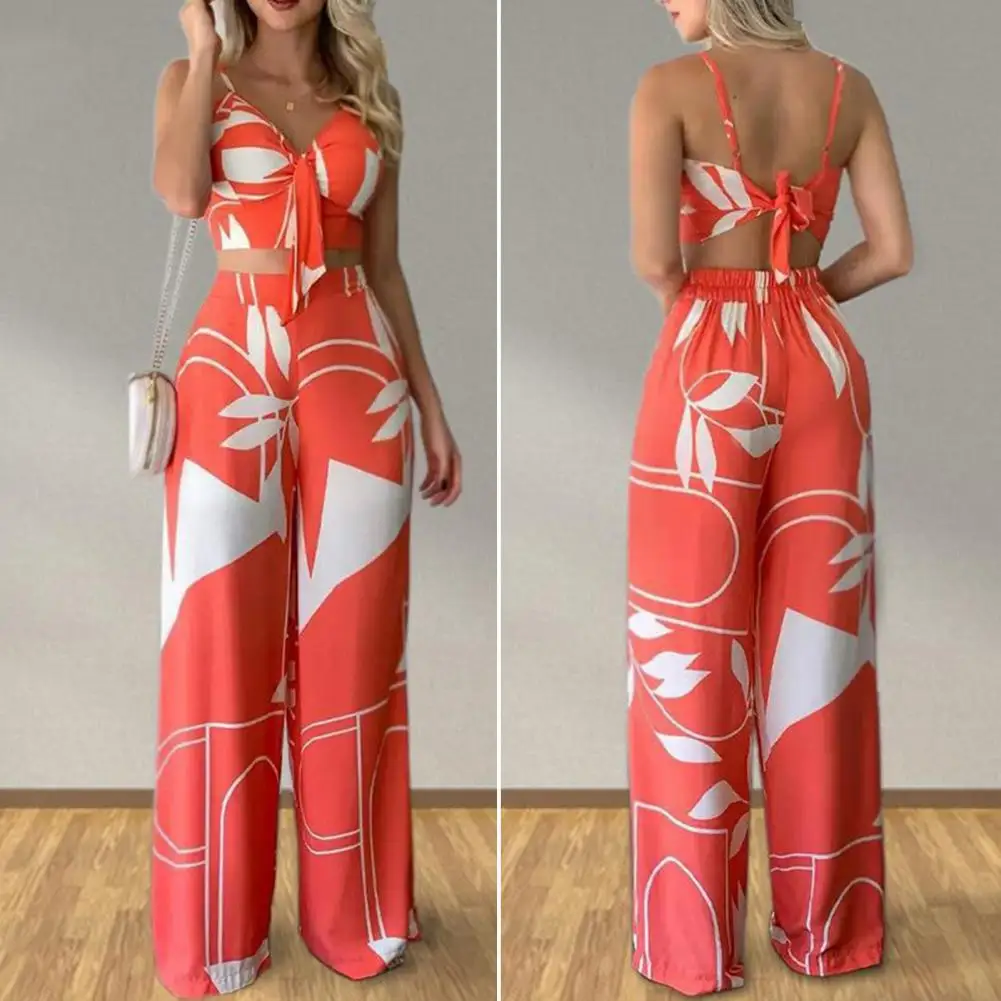 

Summer Women Tropical Print Spaghetti Strap Casual Lace up Back Top &High Waist Pants Set 2 Pieces Suit Sets 2023 Woman Clothing