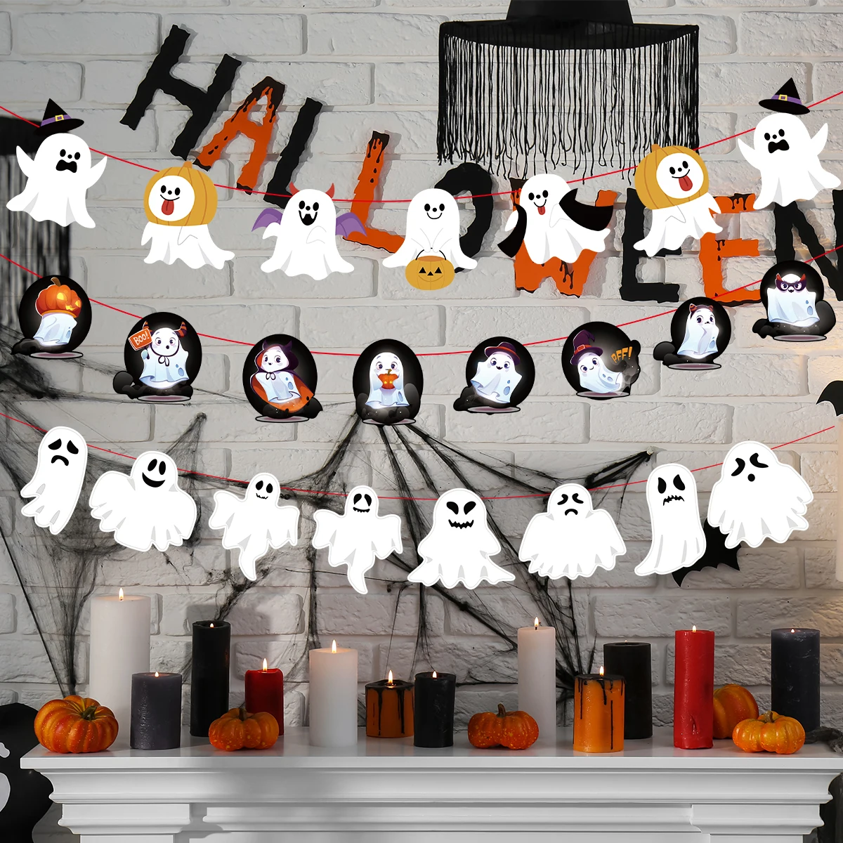 Happy Halloween Ghost Banner Halloween Party Decoartion Halloween Silvery Sequin Spooky Ghost Hanging Flag Decoration