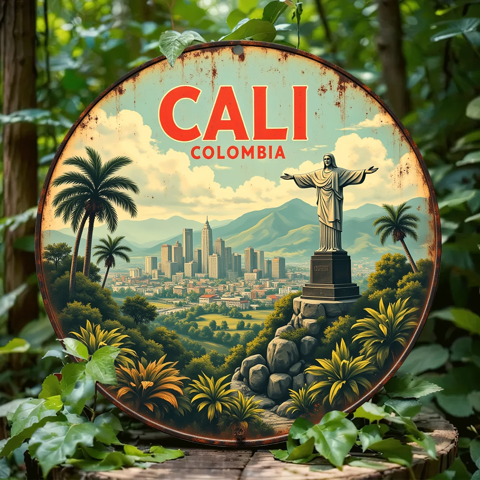 Vintage Cali Colombian Metal Wall Art—Aluminum Cityscape and Natural Scene, Featuring Christ the Redeemer Statue, Palm Trees, and Mountains