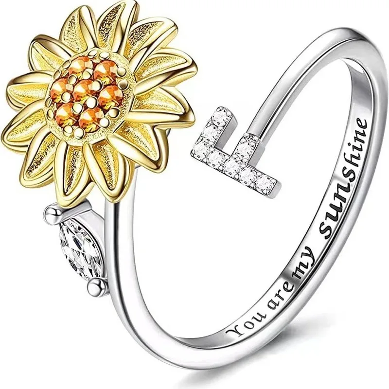 KOFSAC Adjustable Size Sunflower Rotatable Ring Women Personality Zircon 26 English Letter Rings 925 Silver Gold Two Color Ring