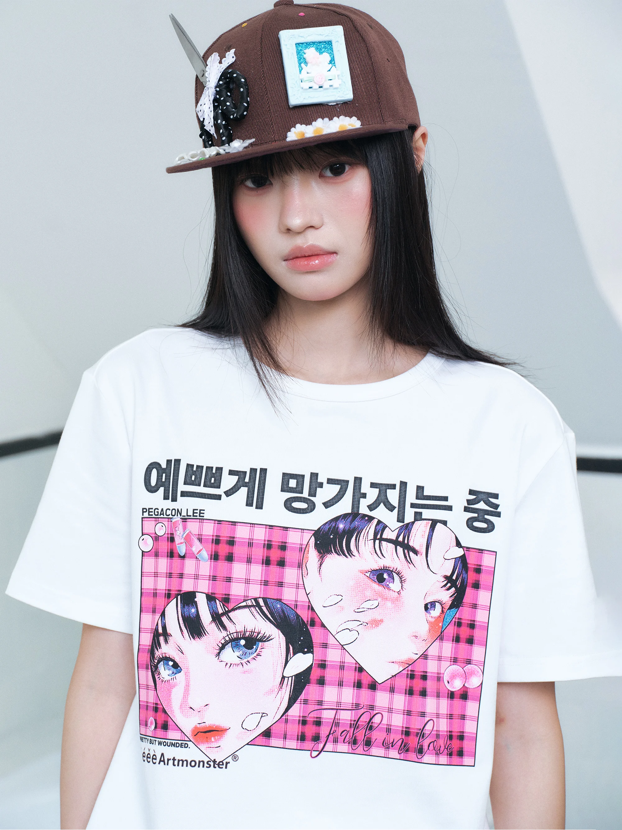 Korean Style Heart Print T-Shirt Short Sleeve Plaid Digital Printing Summer Skin-friendly Breathable round Neck Top for Men A...