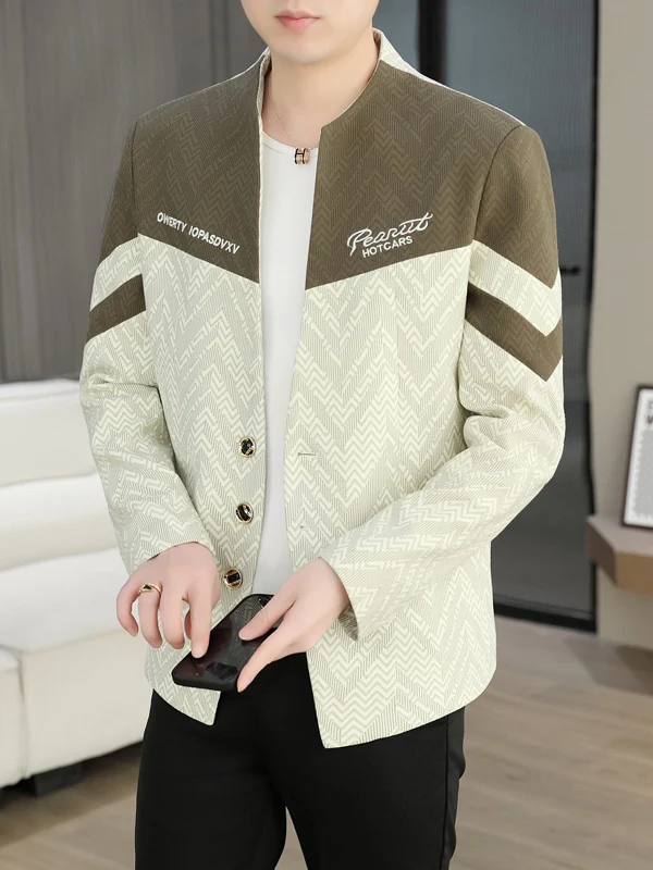 

High Quali Men's Stand Collar Patchwork Color Slim Fit Casual Suit Jaet New Chinese Sle Tang Costume Breathable Comfort...