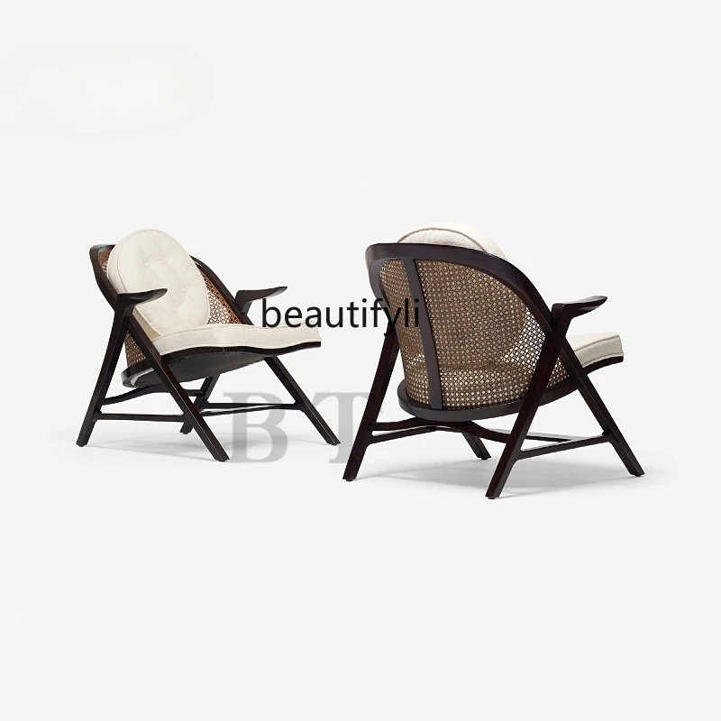 Modern Chinese Solid Wood Single Rattan Leisure Chair Light Luxury and Simplicity Hotel Exhibition Hall Club Armchair