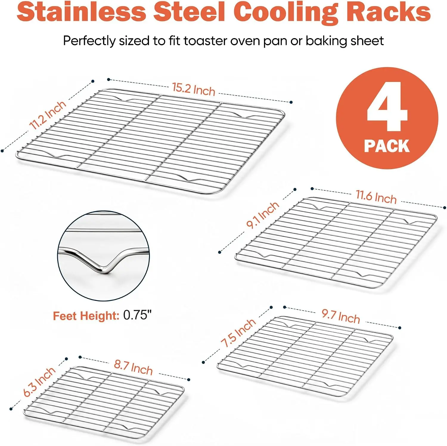 Stainless Steel Cooling Racks Set for Oven Cooking Baking, 4 PCS | Wire Baking Rack for Toaster Oven Roasting Bacon Cookies, Var