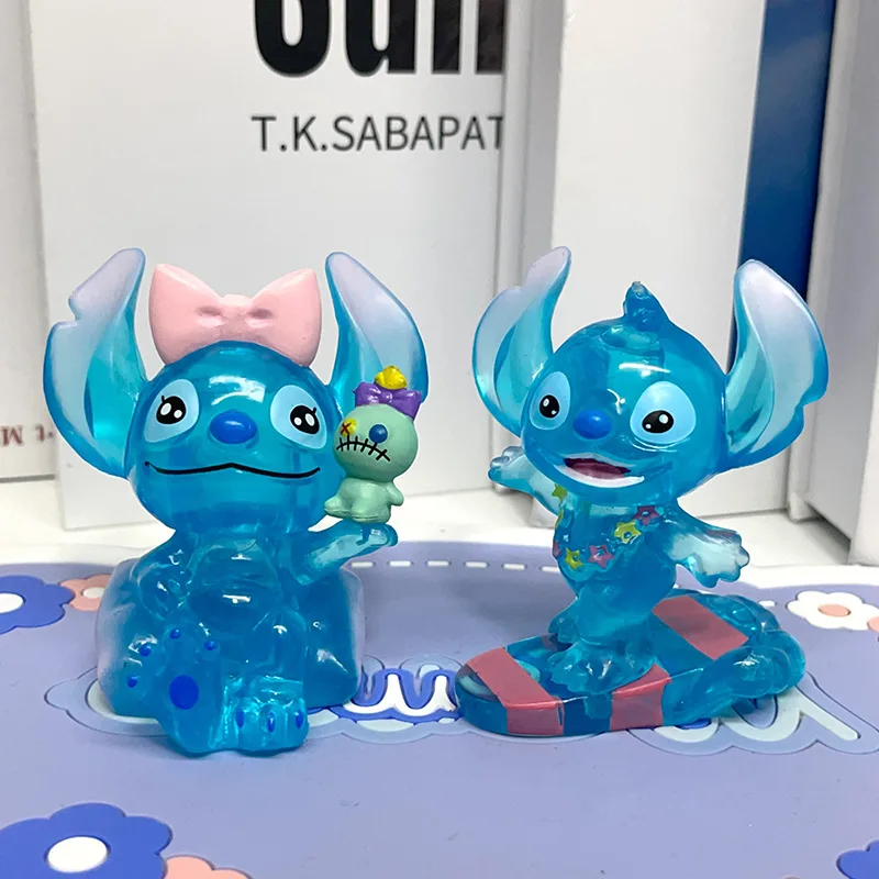 Juego de 6 uds de caja ciega Lilo Stitch, figura de acción de punto de cristal transparente de 7cm, modelo de juguete de PVC de Anime