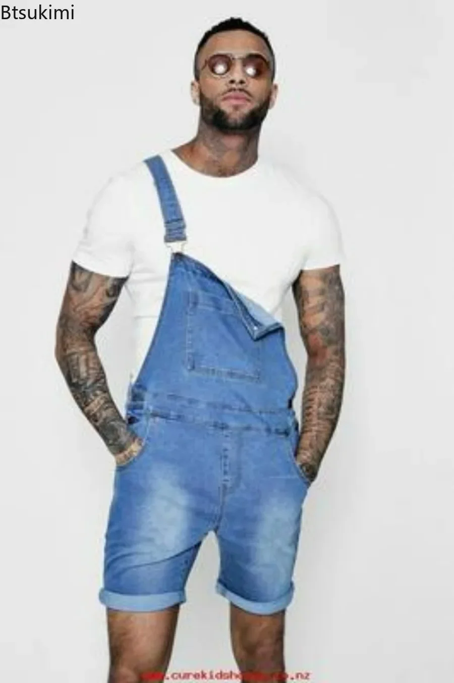 2024 Men's Fashion Multi-Pocket Baggy Jeans Jumpsuit Solid Streetwear Suspender Shorts Rompers Denim Overalls for Men Outfits