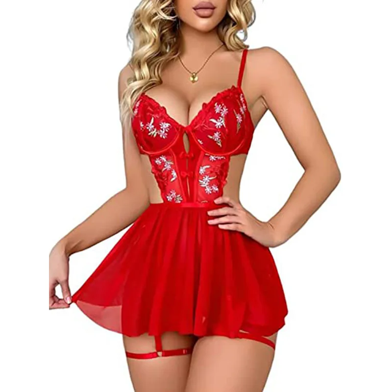 European and American foreign trade lingerie sexy women's mesh embroidery hollow perspective suspender nightgown YQW624