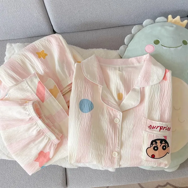 Pink White Stripe Color Polka Dot Crayon Shin Chan Pocket Embroidery Crinkle Cotton Short Sleeve 3 Piece Pajama Set for Women