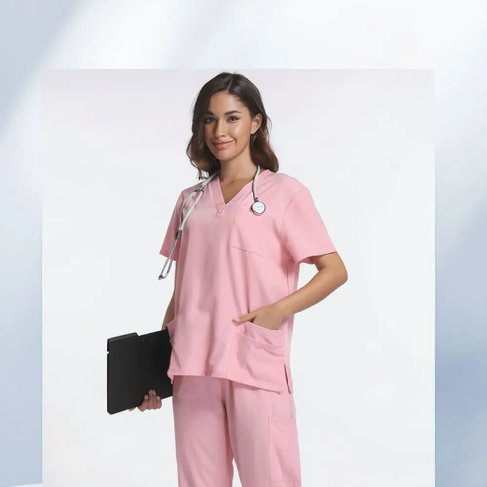 Professional Women Scrub Uniform V Neck Short Sleeve Breathable Workwear Suit For Doctor Nurse Hospital Clinic Apparel
