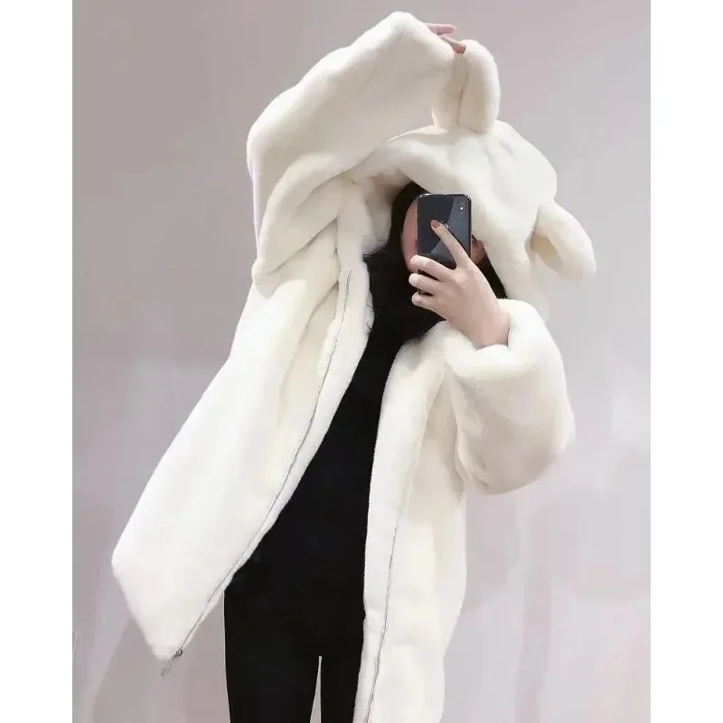 Women\'s 2023 Autumn and Winter New Faux Wool Solid Color Hooded Loose Cute Bear Ears Versatile Mid-Length Zipper Jacket  coats