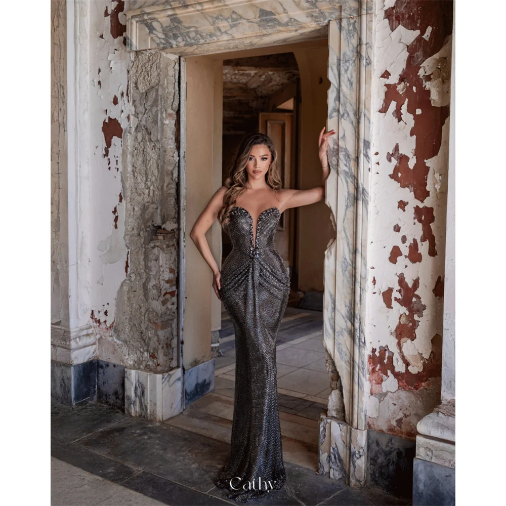 Cathy Anpassen Schwarz Schatz Diamanten Abendkleid Plissee Meerjungfrau Schnürung Zurück vestidos de noiva Bodenlangen Abendkleider