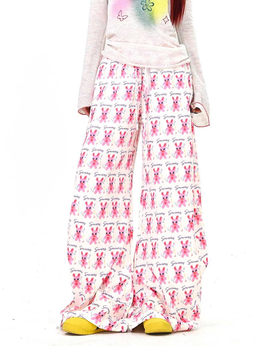 Lazy Rabbit Print Casual Pants Women's Loose BF American Street Style Vintage Wide Leg Trousers Trendy Spring 2026