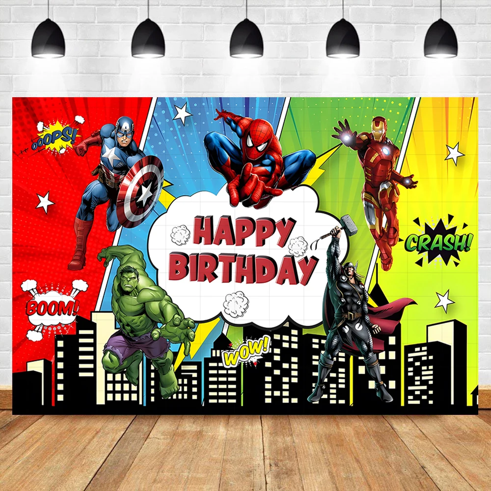 Toile de fond thème Avengers avec nom personnalisé, bannière de fête d'anniversaire pour enfants, affiche de fond de photographie de héros de ville, Spider-Man Hulk Iron Man