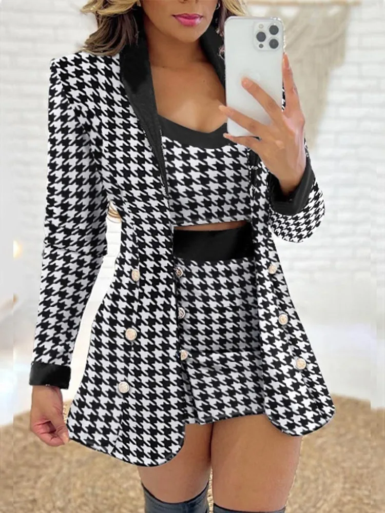 Sets Outifits 2023 New 3PCS Houndstooth Print Blazer Coat & Skirt Set With Crop Top Of Fashion Casual For Women Elegant Female