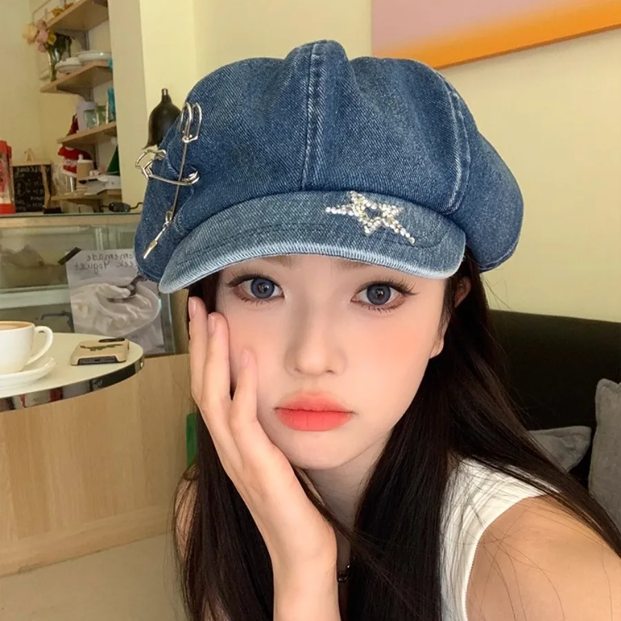 Big Head Flash Diamond Star Pin Denim Beret Hat for Women Spring Summer Retro Octagonal Short Brim Newsboy Cap Boinas Para Mujer