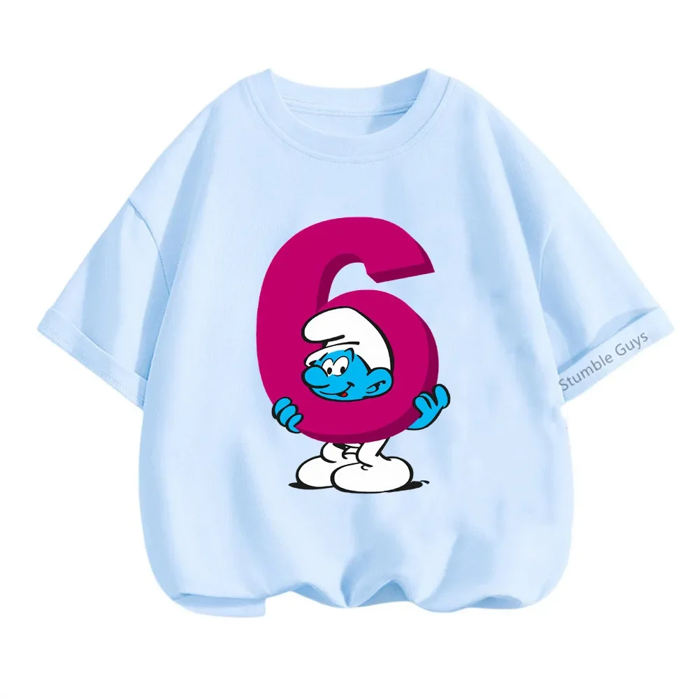 Maglietta Smurfs per bambini maglietta estiva per cartoni animati numero di compleanno 3-9 stampa t-shirt a maniche corte Set vestiti per ragazzo