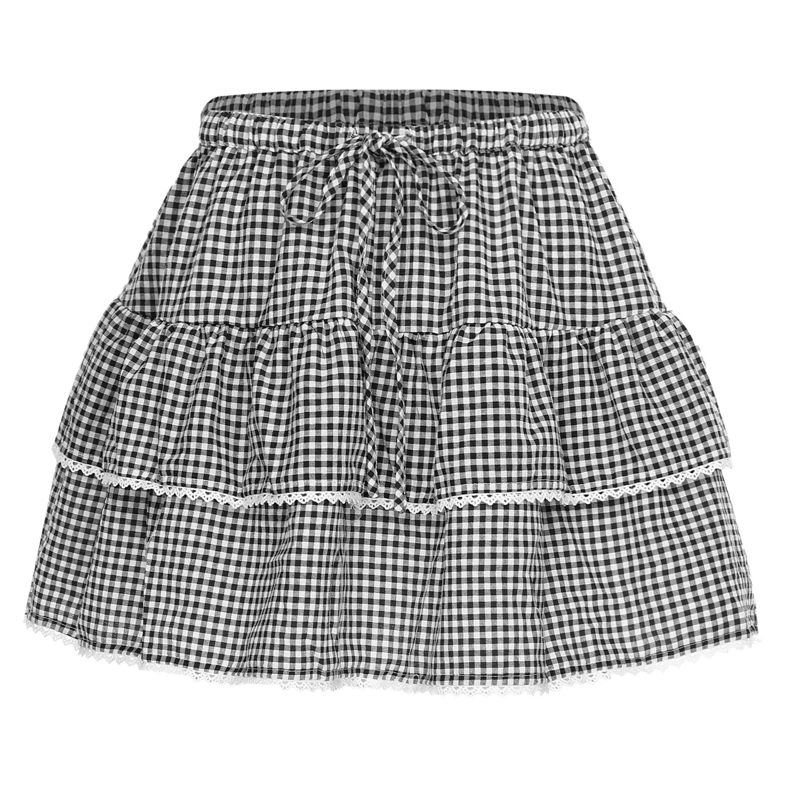 

Summer Women Plaid Tiered Ruffled Skirt Casual Drawstring Elastic Waistband Lace Trim Short Skirts for Party Vacation Beach