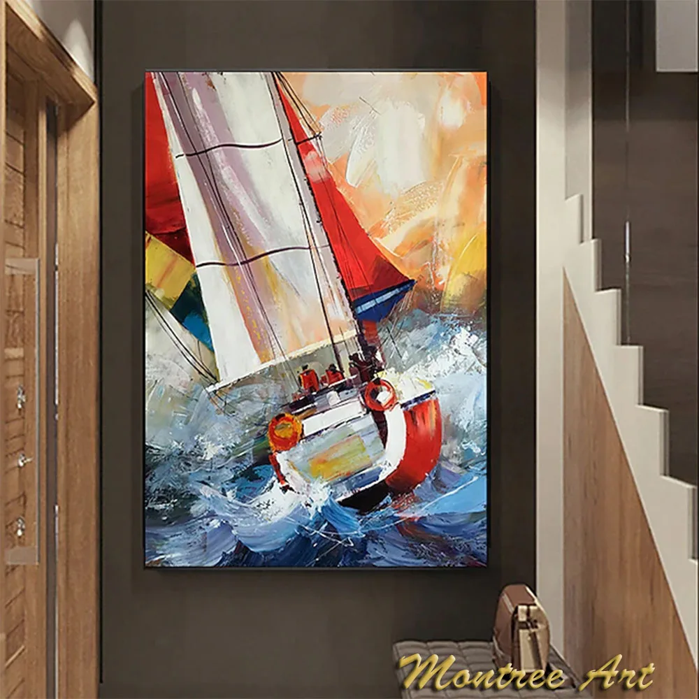 Hand Painted Sailing Oil Painting Canvas Wall Art Abstract Landscape Painting for Living Room Hallway Bedroom wall Decorative