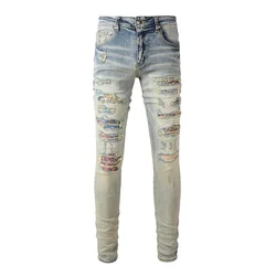 Men's Cracked Patch Biker Jeans Streetwear Patchwork Skinny Tapered Pants Vintage Stretch Denim Ripped Distressed Trousers