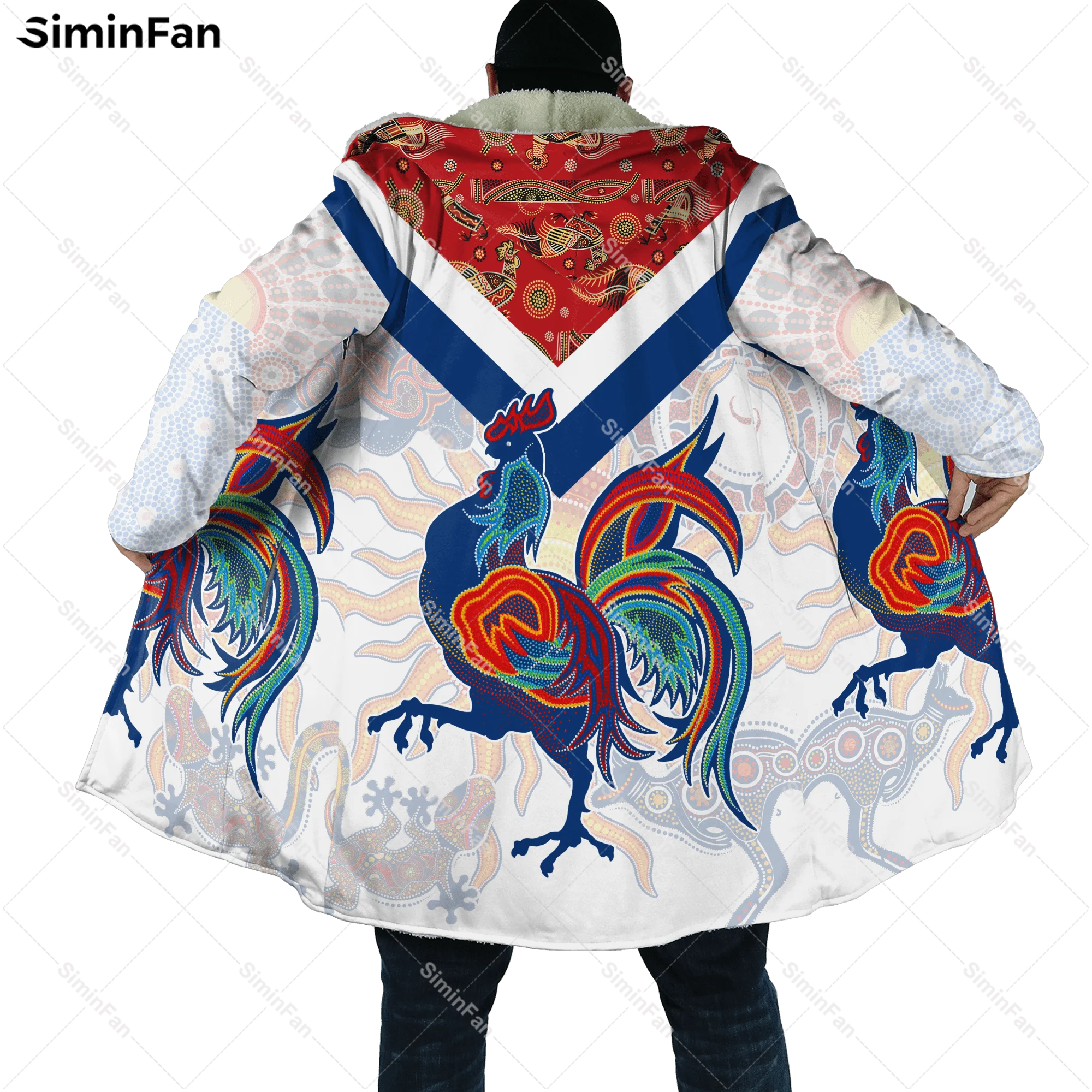 Aboriginal Rooster 3D All Over Printed Winter Hooded Cloak Mens Fleece Cape Robe Flannel Overcoat Unisex Windproof Windbreaker