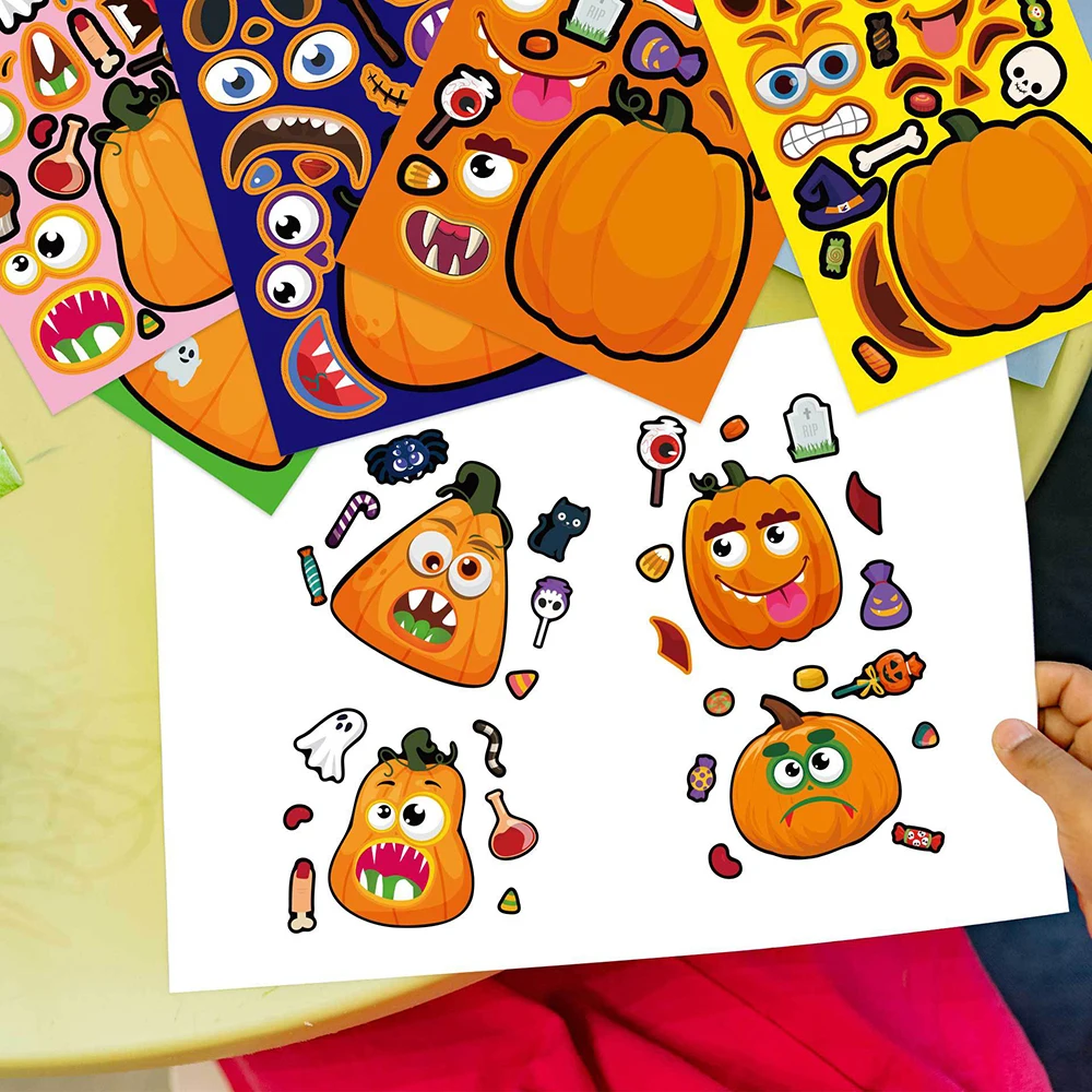 8/16Sheets Make Your Own Pumpkin Puzzle Stickers Children Game Halloween Party Decoration Kids Assemble Jigsaw DIY Toys Boy Girl