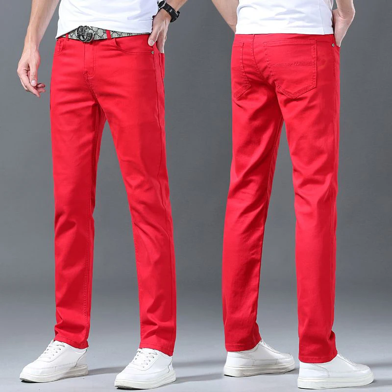 New High Quality Men\'s Trend Yellow Red White Jeans 2024 Spring Autumn Male High Waist Casual Pants Classic Brand Denim Trousers