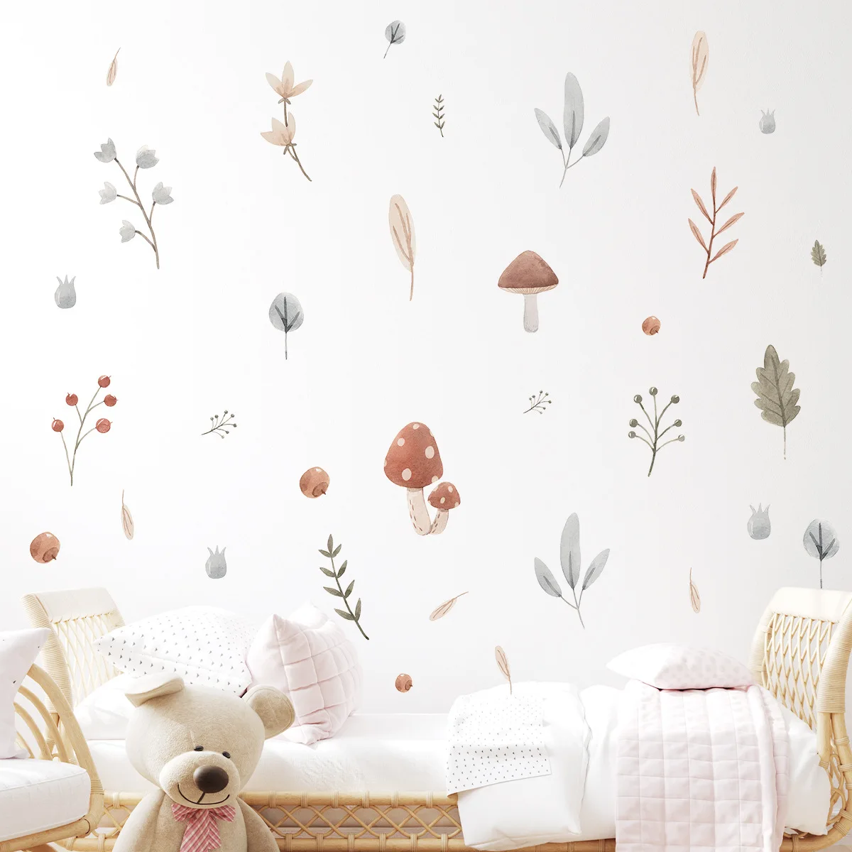 Neutral Tones Mushroom Wall Sticker, Removable Watercolor Plant Decal for Kids Bedroom & Playroom