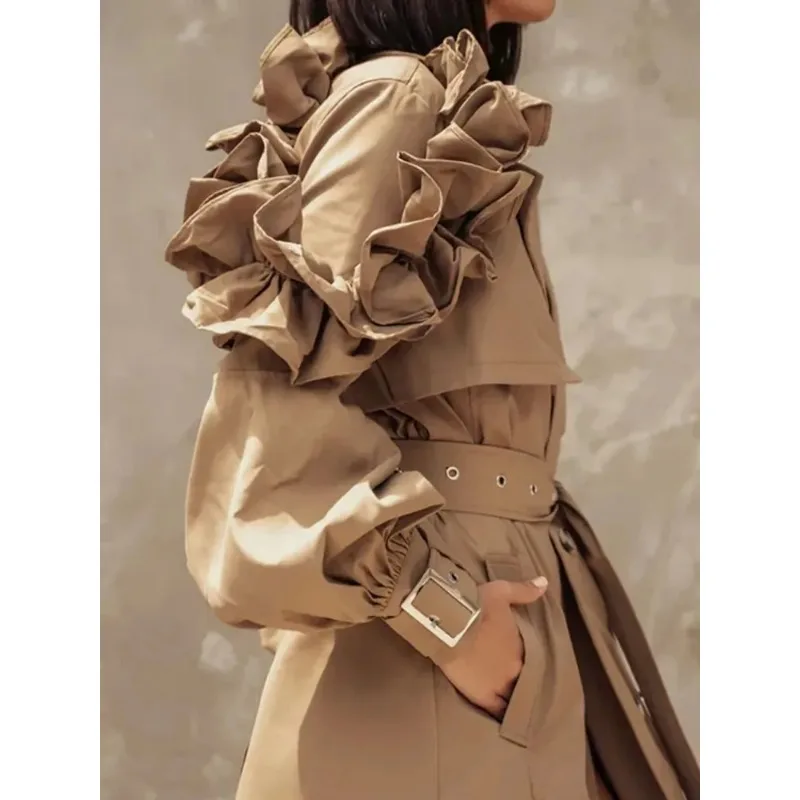 2024 New Patchwork Belt Trench Coat, Women's Lapel Lantern Sleeve, High Waist Patchwork Buttons, Elegant Trench Coat, Coat Women