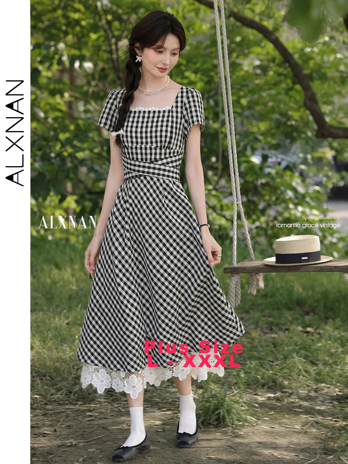 

ALXNAN Plus Size Black Plaid Dress Long Elegant Square Neck Lace A-line Holiday Women's Dress Summer Casual Clothing D10195-3