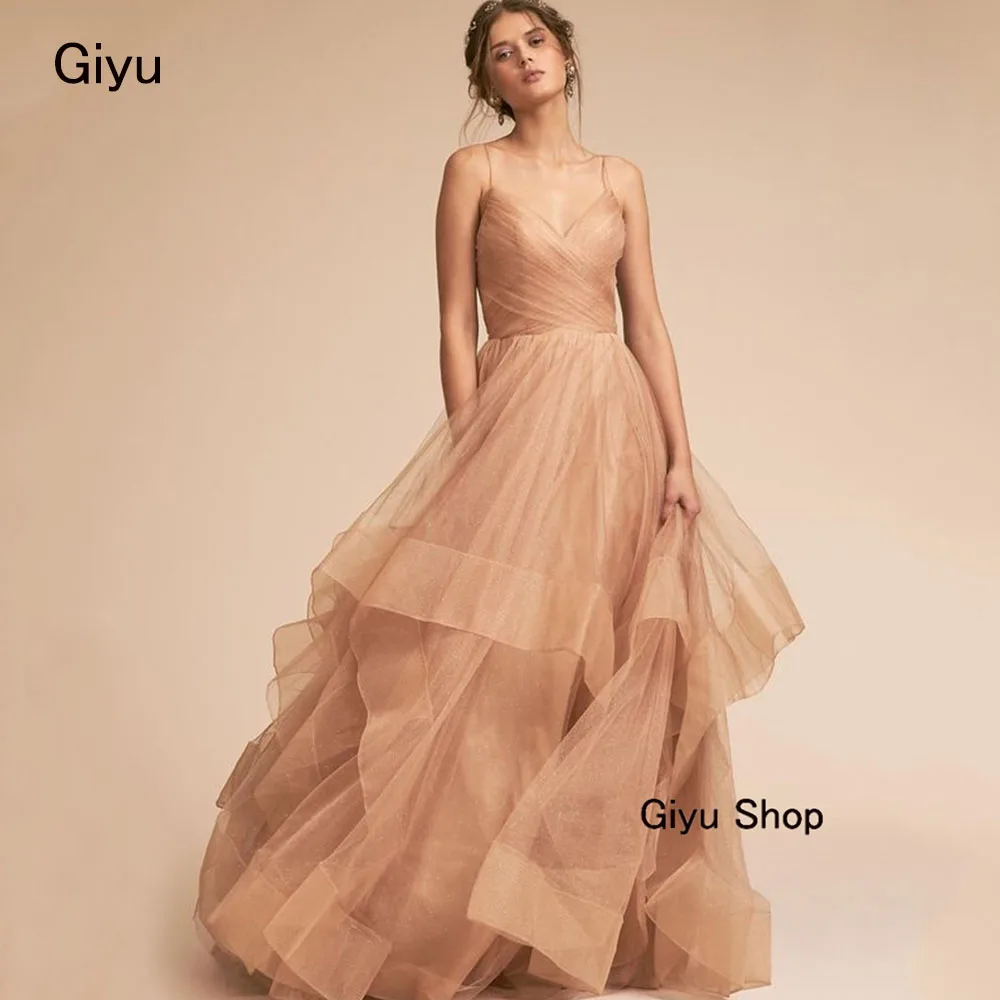 

Giyu Fairy Spaghetti Strap Korea Wedding Dress Photoshoot V-Neck Multi-layered Backless Floor-length Evening Dress